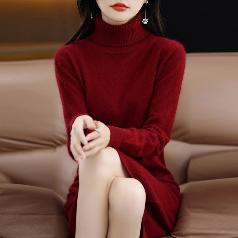 2024 Autumn And Winter New Mink Cashmere Ladies High-Necked Long Dress Slim Pullover Knitted Wool Bottoming Skirt RONGNI