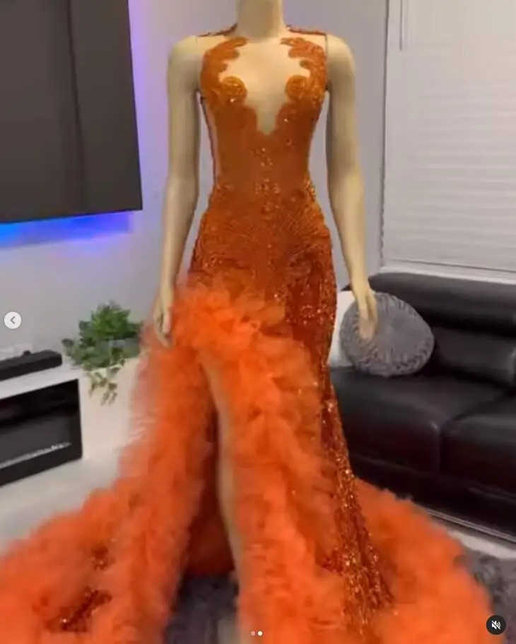 Orange Sparkly Long Prom Formal Dresses for Women 2024 Luxury Diamond Crystal Feather Slit Evening Birthday Gala Gown Black Girl