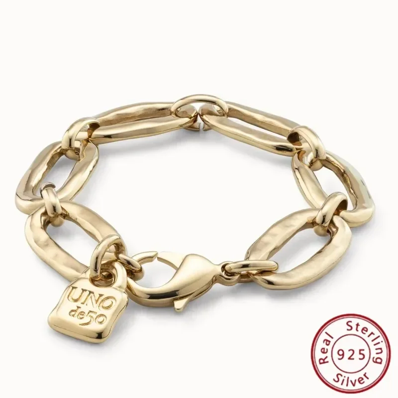 

S925 Silver UNOde50 Oval Chain Bracelet for Women, Retro Jewelry, Luxury Fashion, High Quality, Festival Gift, Original