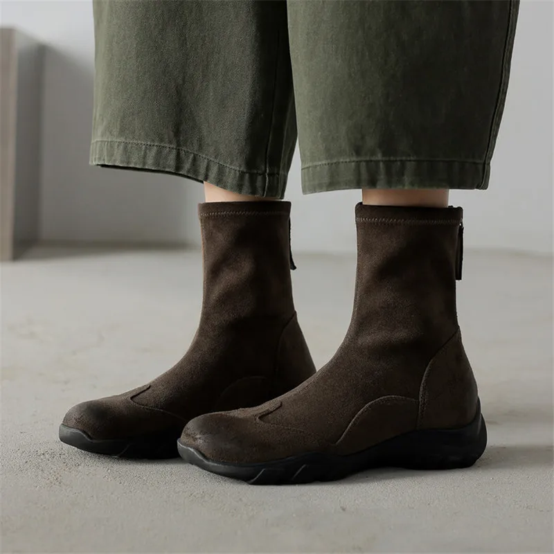 

New Autumn Winter Women Boots Round Toe Elastic Boots for Women Fashion Retro Mid Heels Ladies Shoes Sports Short Boots Brown