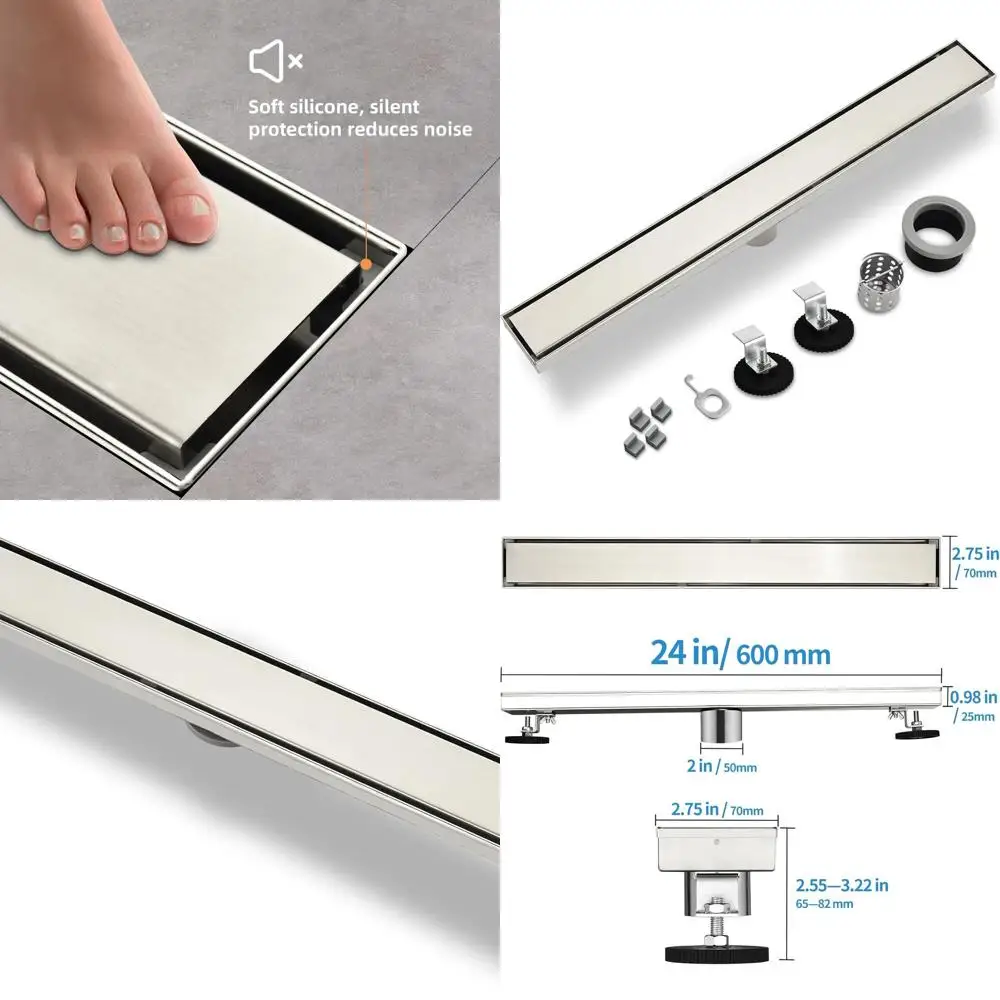 

24 Brushed 304 Stainless Steel Linear Shower Drain with Tile-In Pattern Cover and Hair Catcher, Adjustable Feet