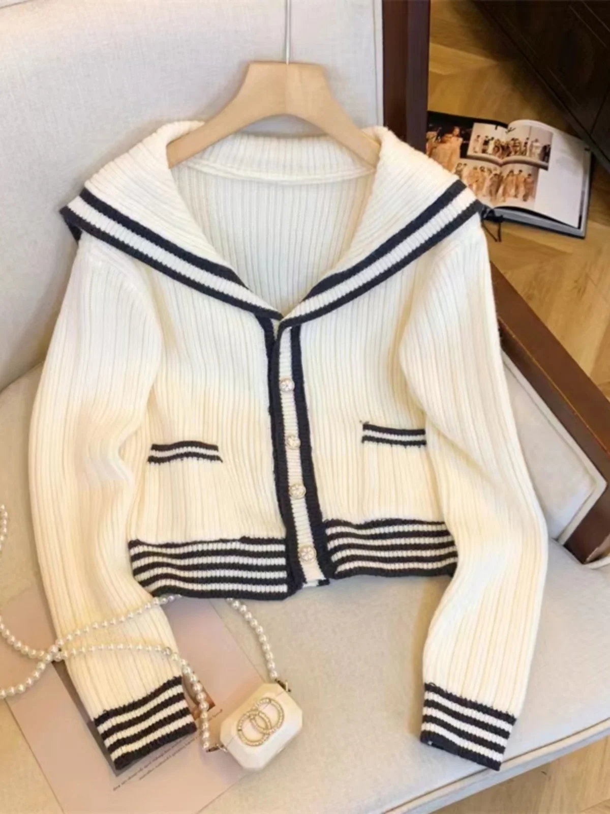 

Women's Knitted Navy Collar Open Cardigan Autumn Winter Small Size Color Blo Sweater Straight Cut Commute Sle Long Sve