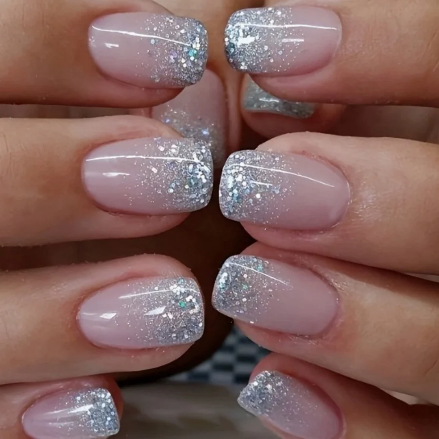 Faux ongles en poudre brillante Simple, dégradé rose carré, paillettes, Design blanc, manucure courte, portable, à pression, 24 pièces