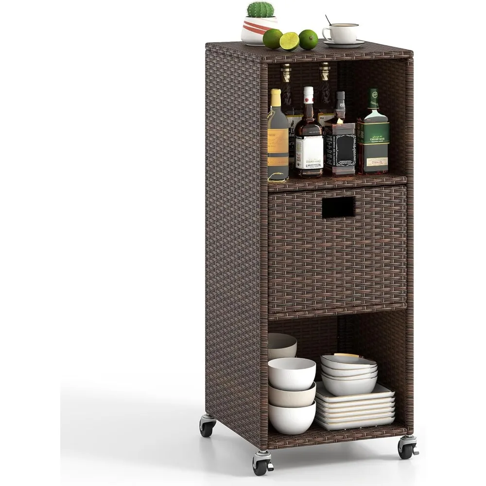 

Rattan Outdoor Storage Cabinet, Patiojoy Outdoor Wicker Cabinet with 3 Shelves, 1 Removable Drawer, 4 Wheels, Patio Sto