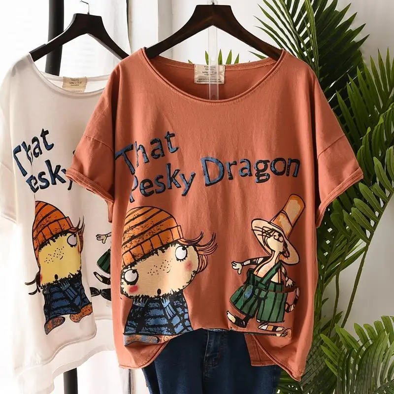 Summer New Plus Size T-shirt Women Short-sleeved Loose Casual Cartoon Printing Front Short and Long Back Graphic Tees