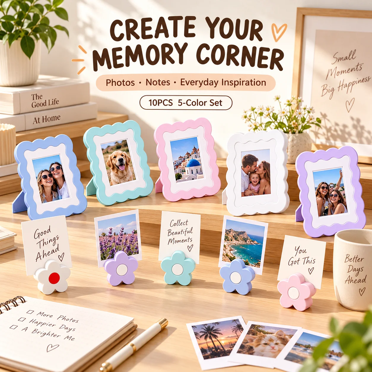 10PCS 5-Color Photo Display Set 5 Wavy Frames for Instax Mini 5 Flower Holders for 3-Inch 4-Inch Photos Notes Postcards Gift