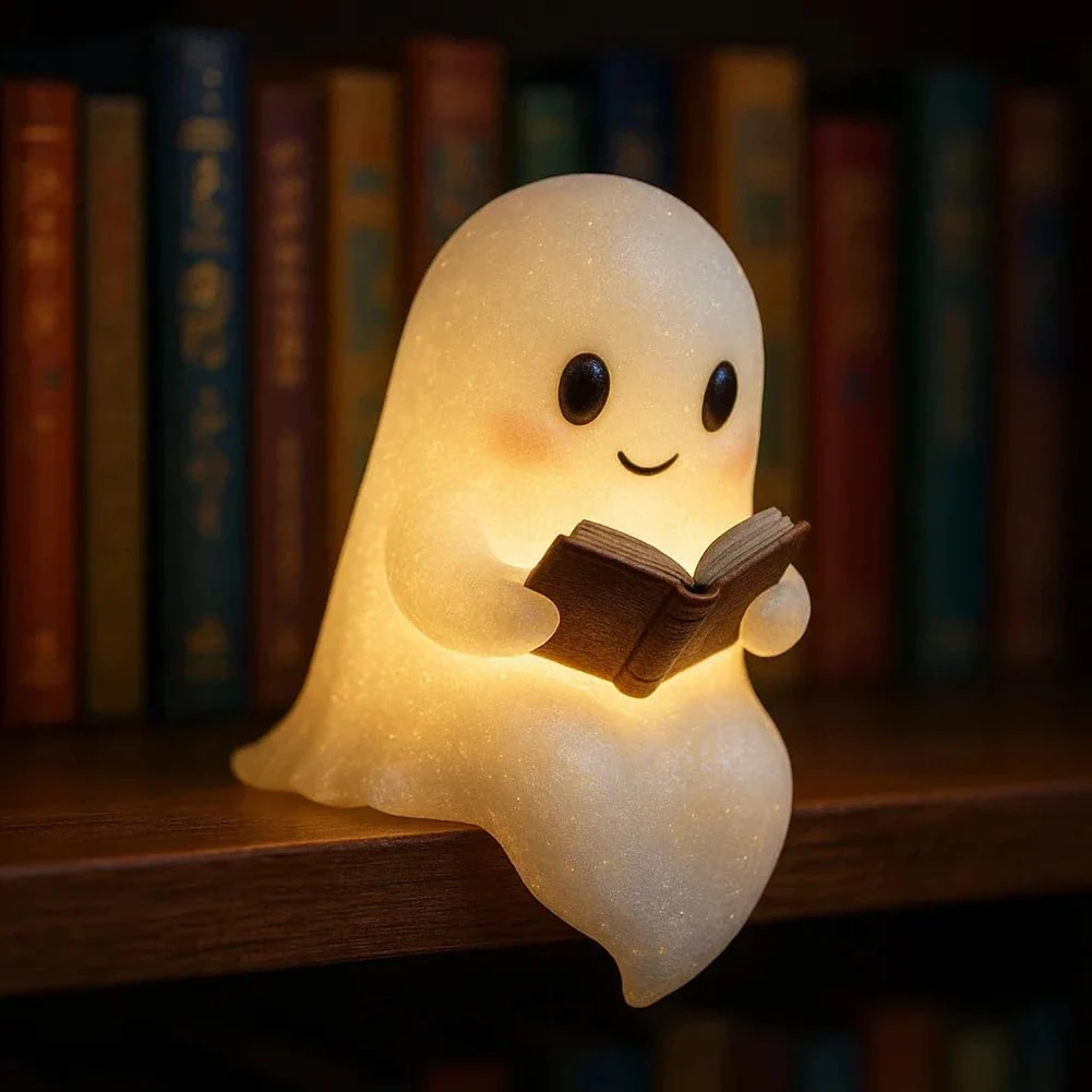 Lampka nocna na Halloween w kształcie ducha czytającego książkę, urocza lampka nocna z siedzącym duchem czytającym, dekoracja, duch czytający książkę, ciepłe światło ambientowe dla miłośników książek.