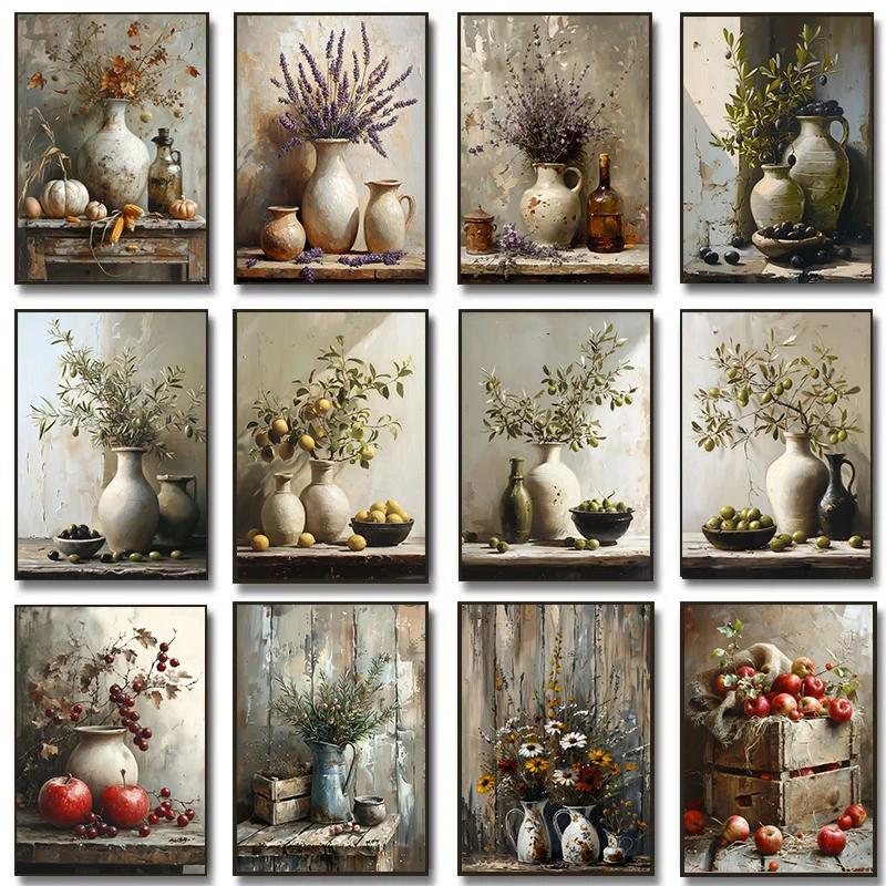 

Vintage Minimalist Wall Art Italy Olive Tree in Vase Diamond Painting Poster Prints Still Life Botanical Antique Home Room Dec