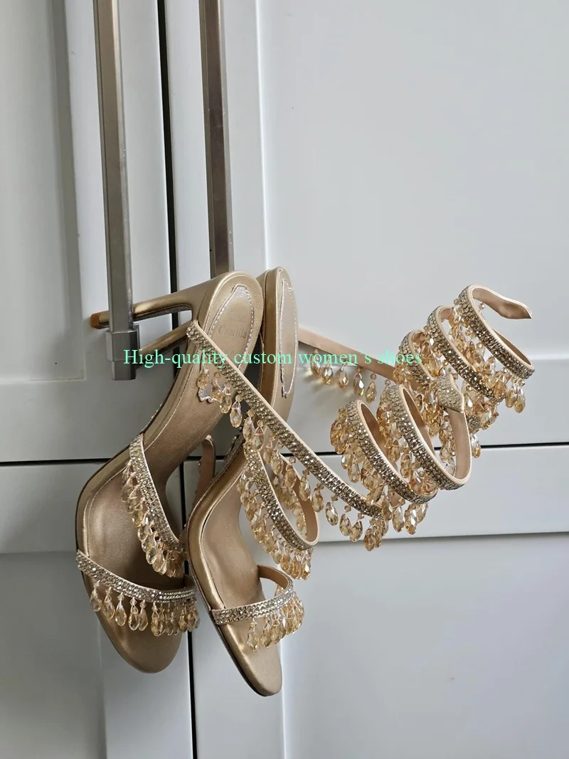 

Super High Waterproof Platform Ankle Winding Sandals Rhinestone Decoration Clear Crystal Clear Crystal Luxury Women's Shoes