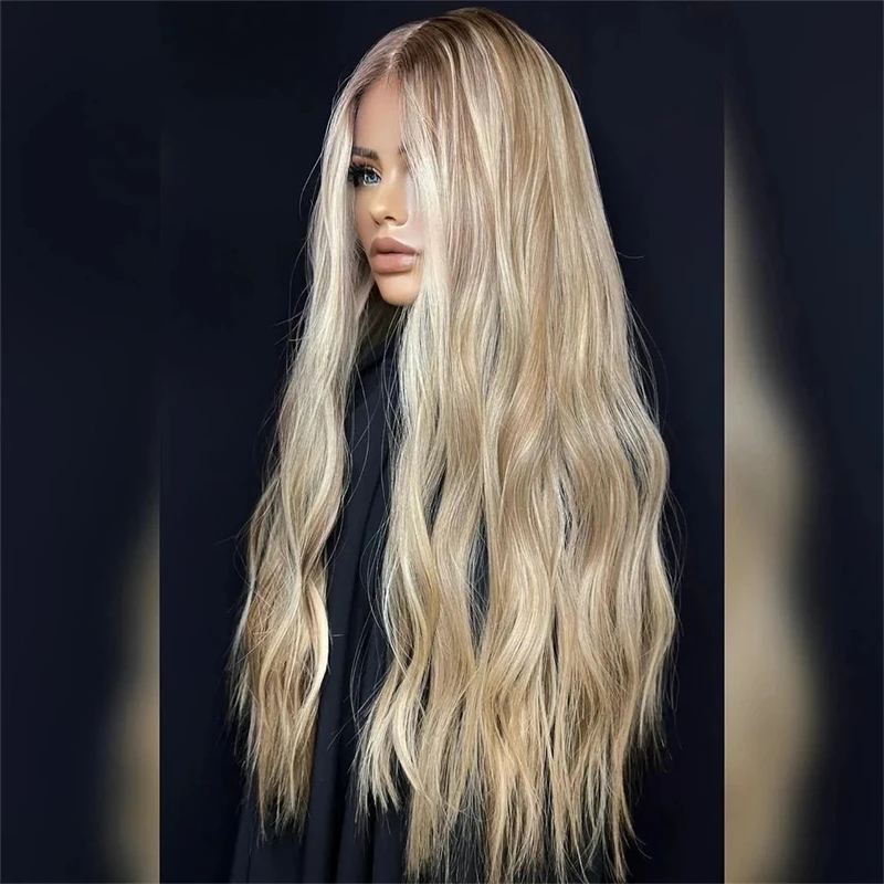 

30 Inch Super Long Wave Wig Ombre Platinum Golden Blonde Highlights Synthetic Lace Front Wig Original Factory Cheap Wigs Party