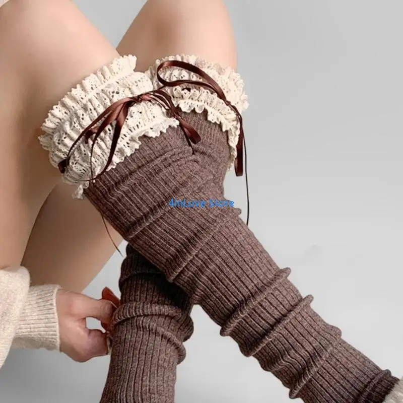 T4MD Damen JK Spitzenbesatz über Kniestrümpfe, süße Schleifen, oberschenkelhoch, Stiefelsocken
