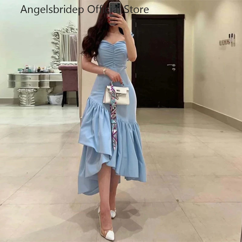 

Angelsbridep Sweetheart Asymmetrical Saudi Arabia Prom Dresses 2022 Women Tea Length Cocktail Party Gowns Sky Blue Evening Dress