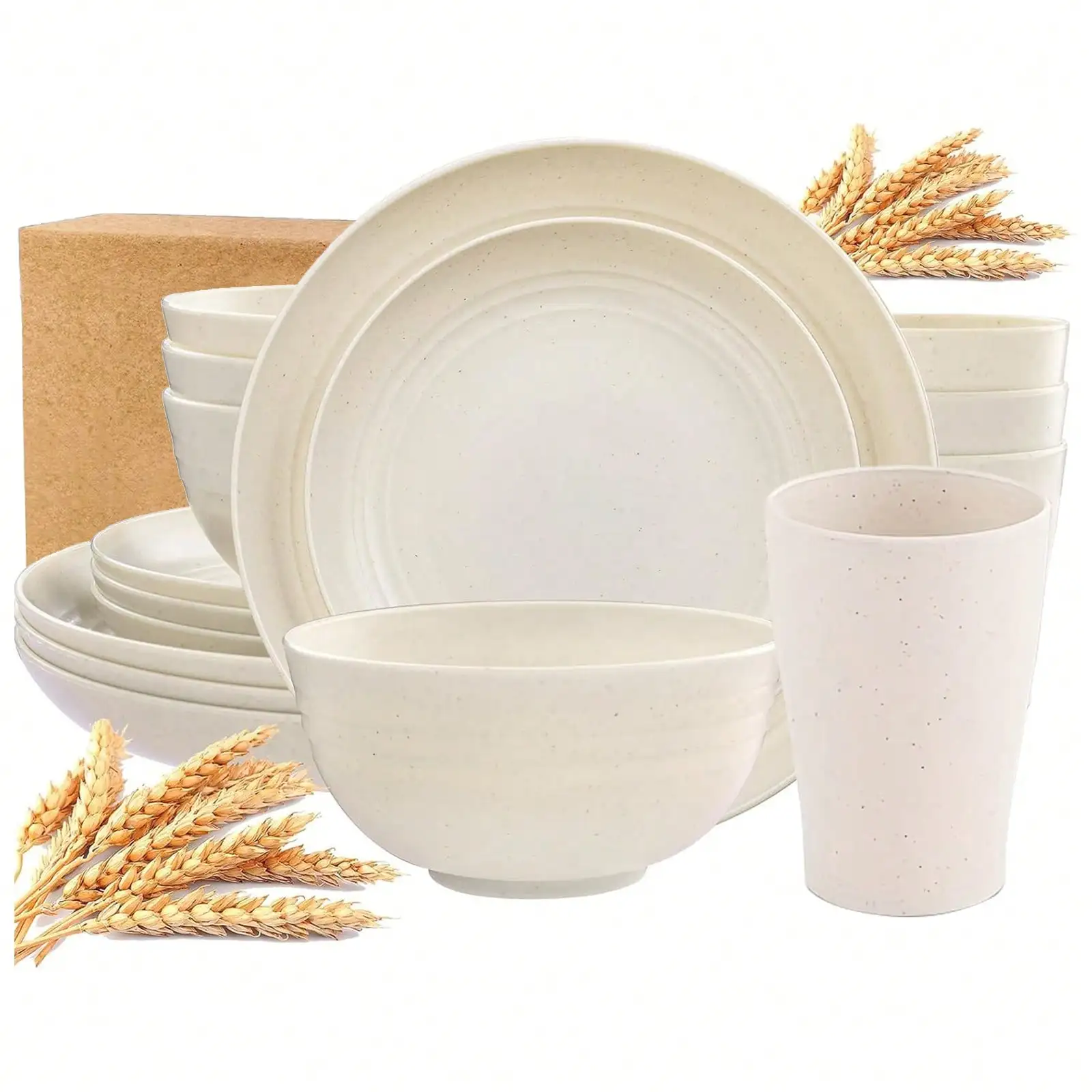 

32pcs Kitchen Plastic Wheat Straw Tableware Set, 8 People, Plates, Dessert Plates, Cereal Bowls, Cups, Unbreakabl