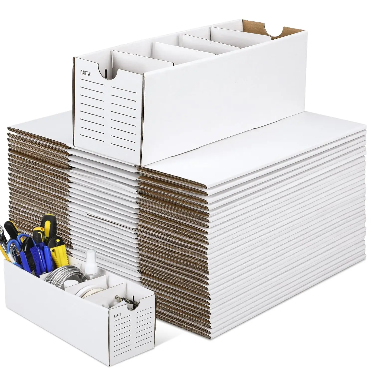 

30 Pack Cardboard Storage Bins with Dividers for Small Parts Organization, 12x4x4 Inches