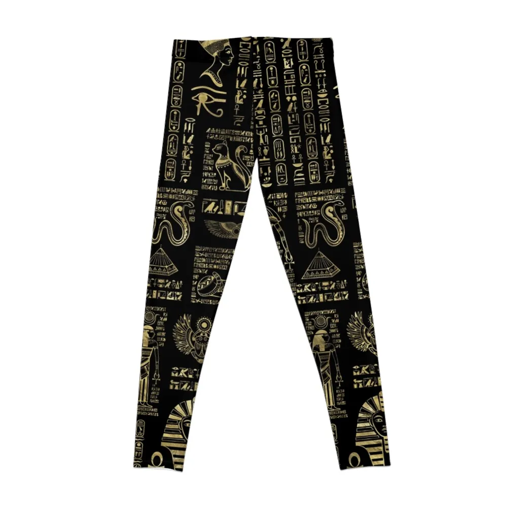 Egyptian hieroglyphs and deities gold on black Leggings sporty woman gym push up legging Womens Leggings