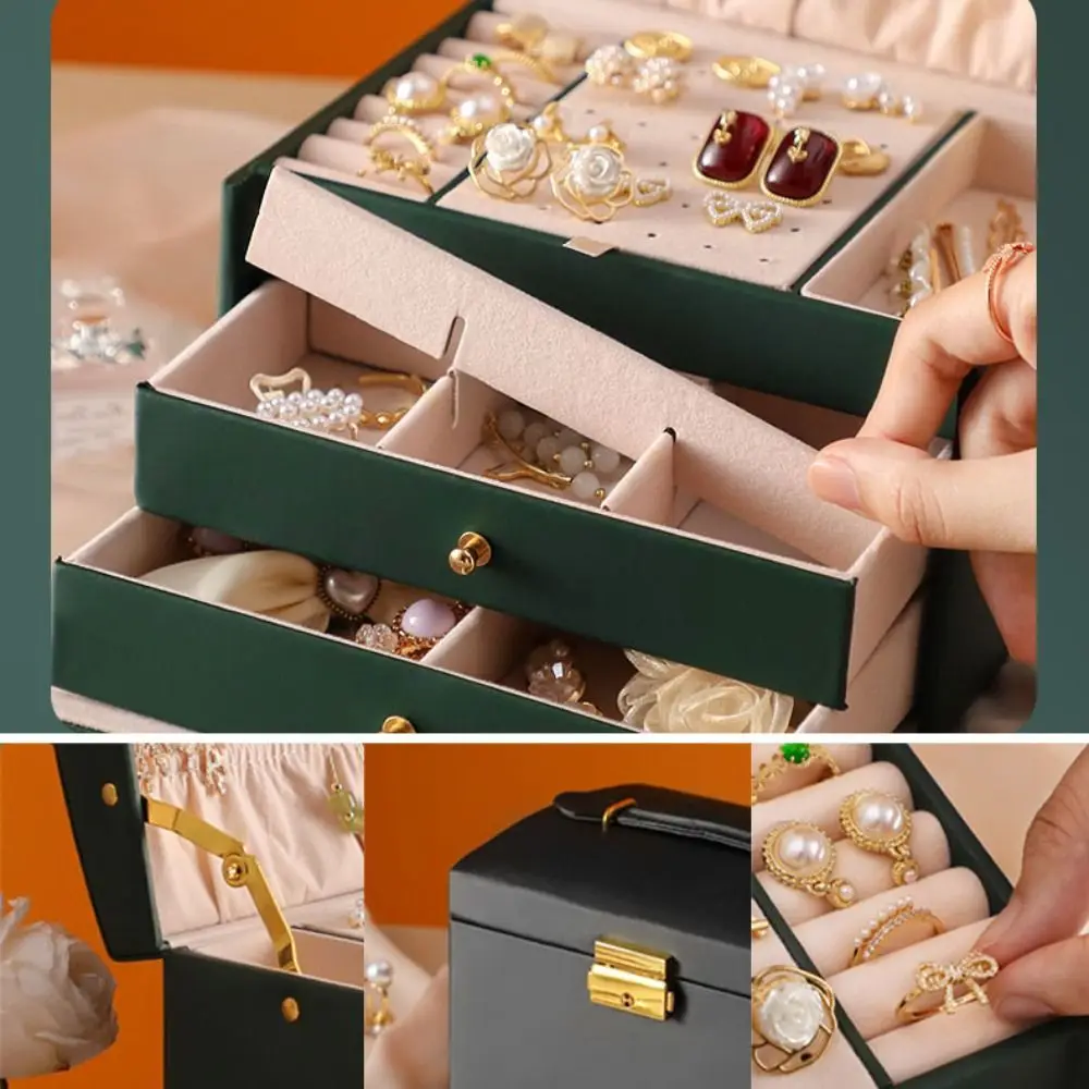 Caixa de jóias de couro grande capacidade multi-camada organizador de jóias estilo gaveta com bloqueio brincos pulseiras expositor mulher