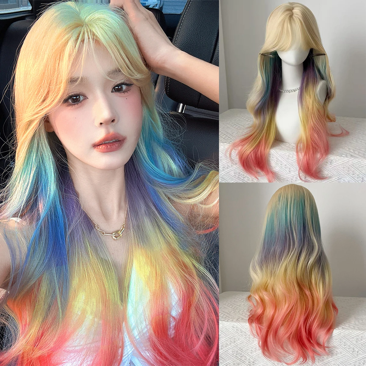 

Синтетический смешанный цветной градиентный головной убор, парик, женская воздушная челка, рождественский парик в стиле косплей, фиолетовые длинные вьющиеся волосы