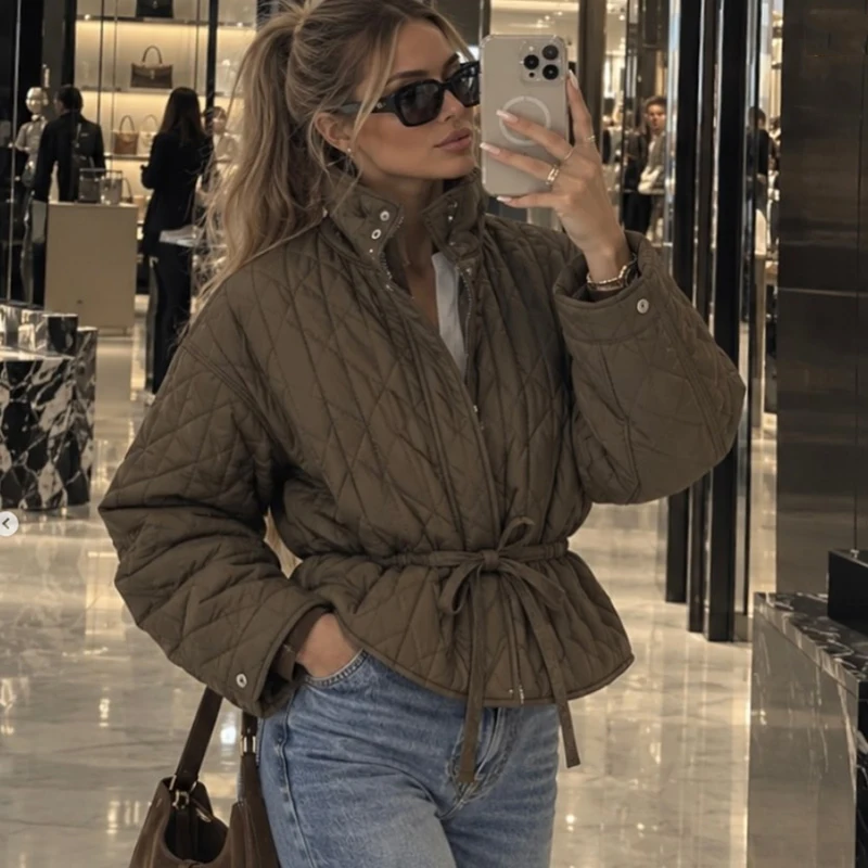 Women's Coat 2026 New Autumn Winter Fashion Warm Belt Stand Collar Jacket for Women Casual Chic Thicken Lady Outerwear