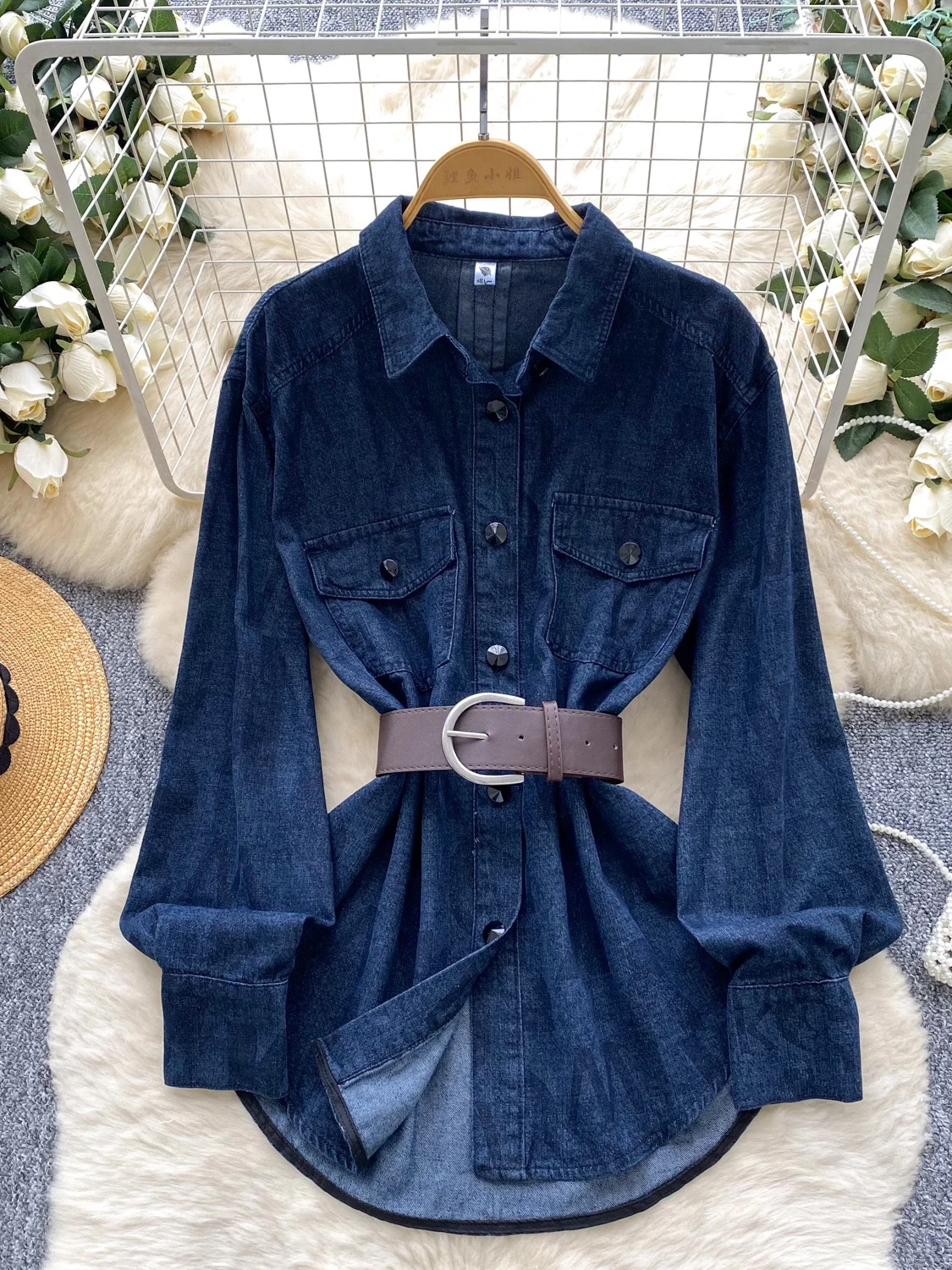 

2026 New Autumn Women Loose Casual Trundown Collar Long Sleeve Denim Shirt Sashes Waist Slim Single Breasted Denim Tops