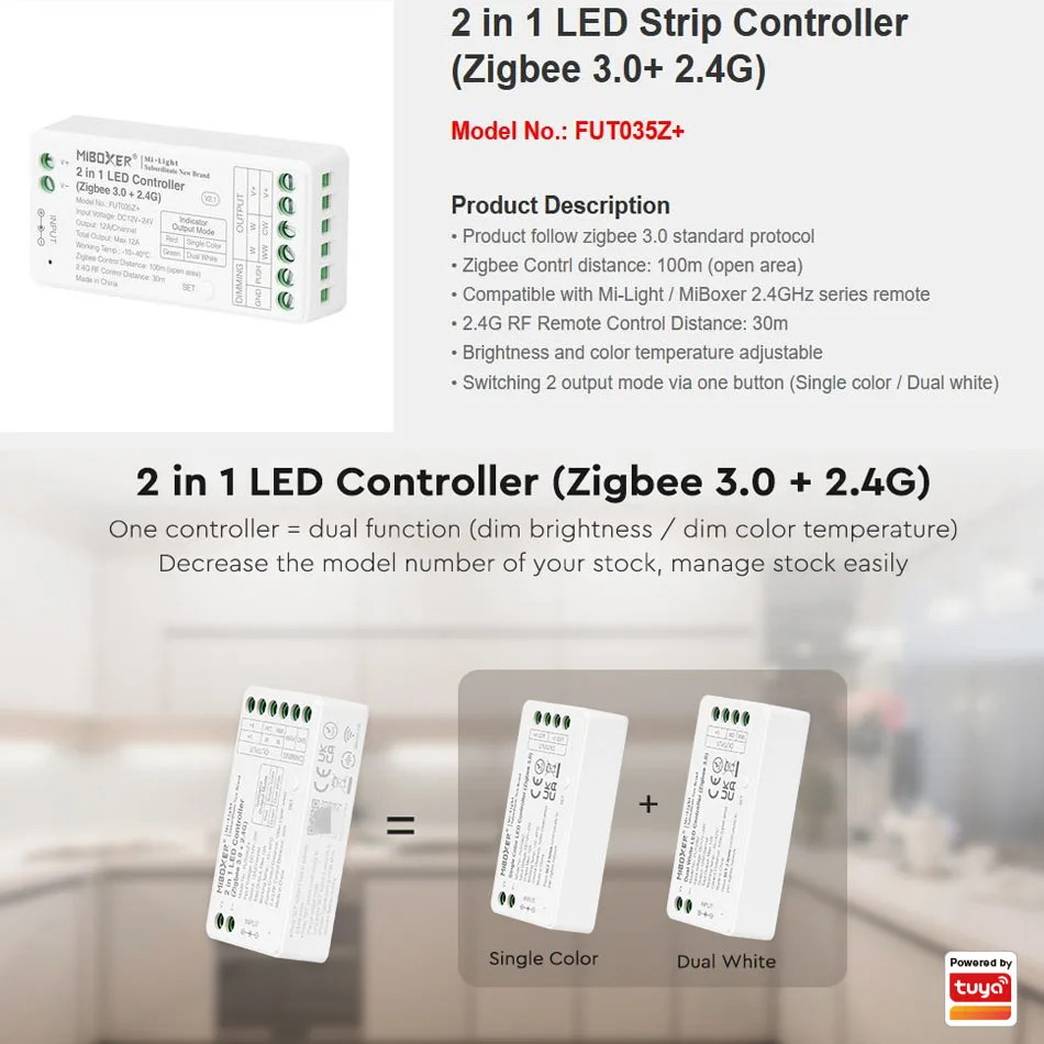 Zigbee 3.0 + 2.4G RF Led Strip Controller FUT035Z+ 2in1 singl color Dual white FUT037Z+ 3in1 DC12-24V RGB RGBW RGBCCT LED stirp