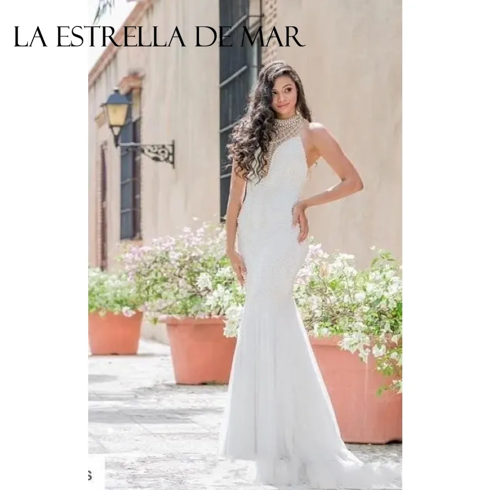 Sexy Mermaid Wedding Dresses White Chiffon High Neck Sleeveless with Pearls Open Back Sweep Train Custom Plus Size Bridal Gown