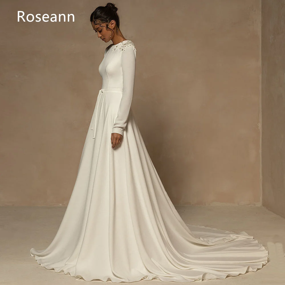 Robe de Mariée Musulmane Ivoire, Ligne A, Col Rond, Nouveau Design, Drapée, Plissée, en Satin Complet, Longueur au Sol, 2023