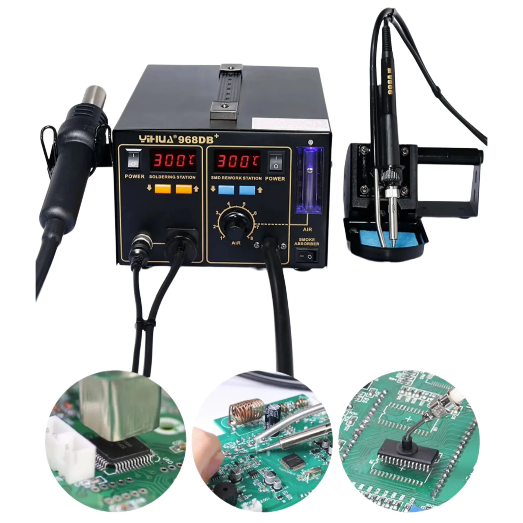 3 In 1 SMD Rework Station 968DB+ Soldering Station With Smoke Absorber ,Fast Heating and Auto Hibernate