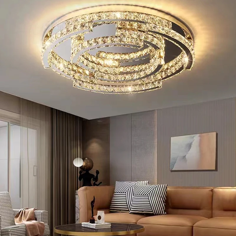 

Modern Luxury Crystal Style LED Ceiling Lamp For Living Room Bedroom Study Remote Control Round Silver Chrome Chandelier Light