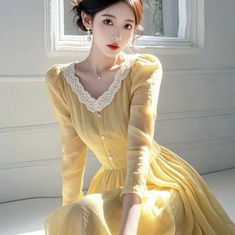 2025 novas senhoras temperamento rendas retalhos o pescoço manga longa vestido elegante outono moda simplicidade plissado vestido longo feminino