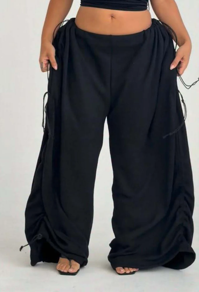 Damen Y2K Baggy Weite Hose mit Elastischem Bund und Verstellbarem Kordelzug, Lässige Lose Bodenlange Hose, Streetwear, Übergröße – Detail 12