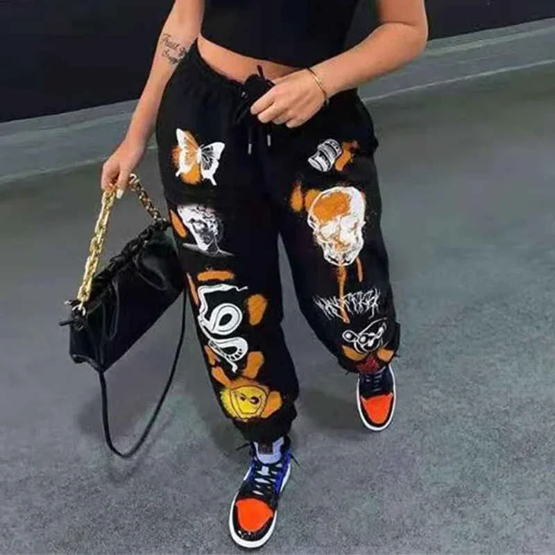

Womens Sweatpants Joggers Y2K Harajuku Cartoon Skull Print Streetwear Pants Casual High Waist High Quality Tracksuit Trousers