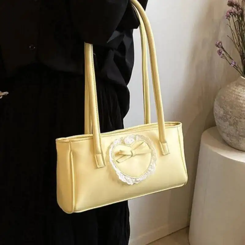 Bloom Lolita Heart White Underarm Bag Women Haruku Lace Leather Y2k Shoulder Bags Purse Female Fairycore Aesthetic Handbag