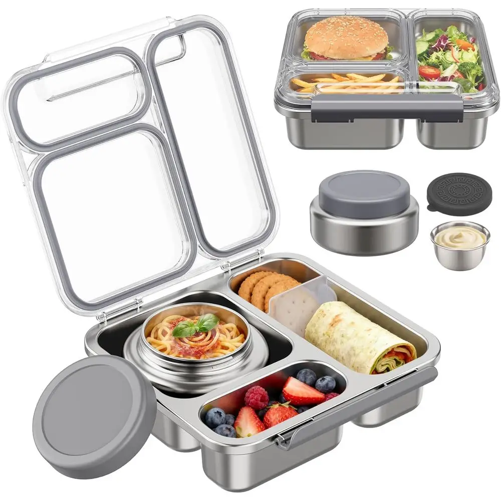 

Ланч-бокс из нержавеющей стали с термосом для еды объемом 7 унций, контейнер для обеда со съемной перегородкой и стаканчиком для соуса для школы (серый)