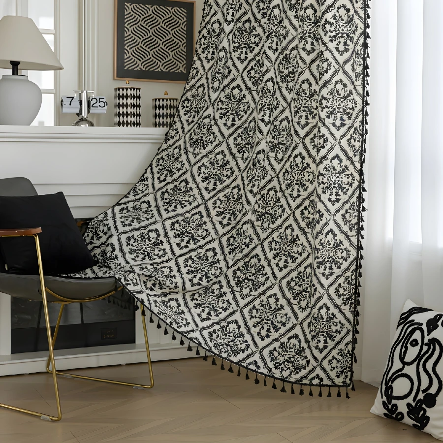 1PC Boho Tassel Sheer Curtain, Black White Geometric Diamond, Digital Print, Linen Polyester, Bedroom Living Room, Rod Pocket