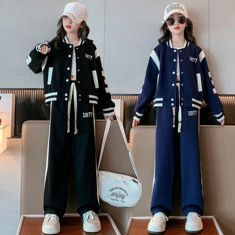 

autumn junior girls Sports suit Baseball jacket+wide leg pants 2pcs teenage kids casual clothes set children tracksuit outfits