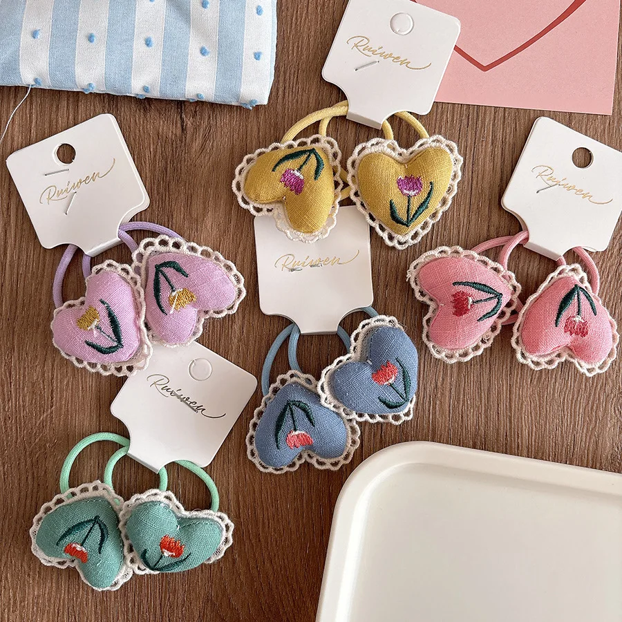 甘いガーリーレーストリム刺繍ハートふわふわシュシュ生地ヘアネクタイ韓国スタイルのヘアアクセサリー