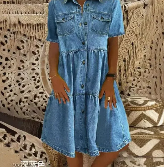 Denim Shirt Dress Women Vintage Blue Jean Pockets Long Top Casual Full Sleeve Loose Mini Dress 2025 Sspring Autumn Dresses Femme