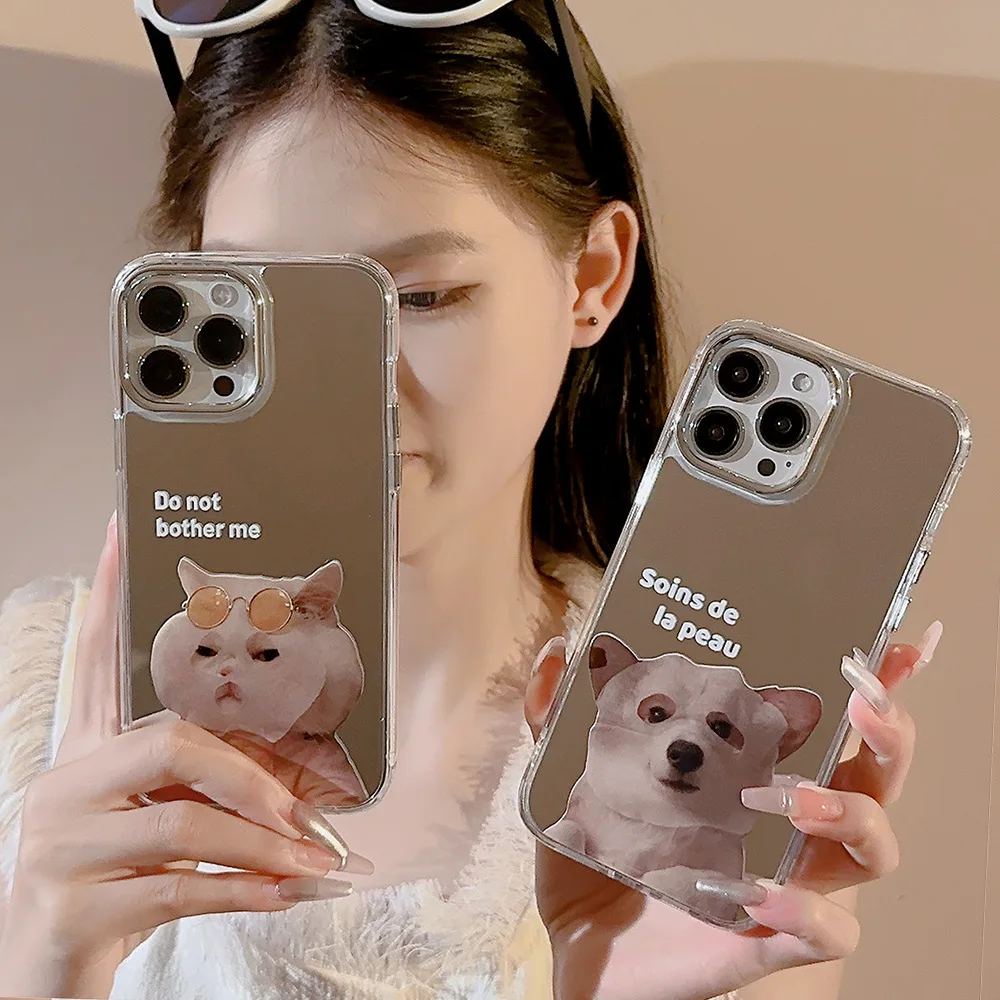 Mask Cat and Dog Mirror Case for IPhone 15 Plus Girl 13 Pro Max Niche 12 Cute 11 Animal 14 Ins Creative Makeup Mirror Phone Case