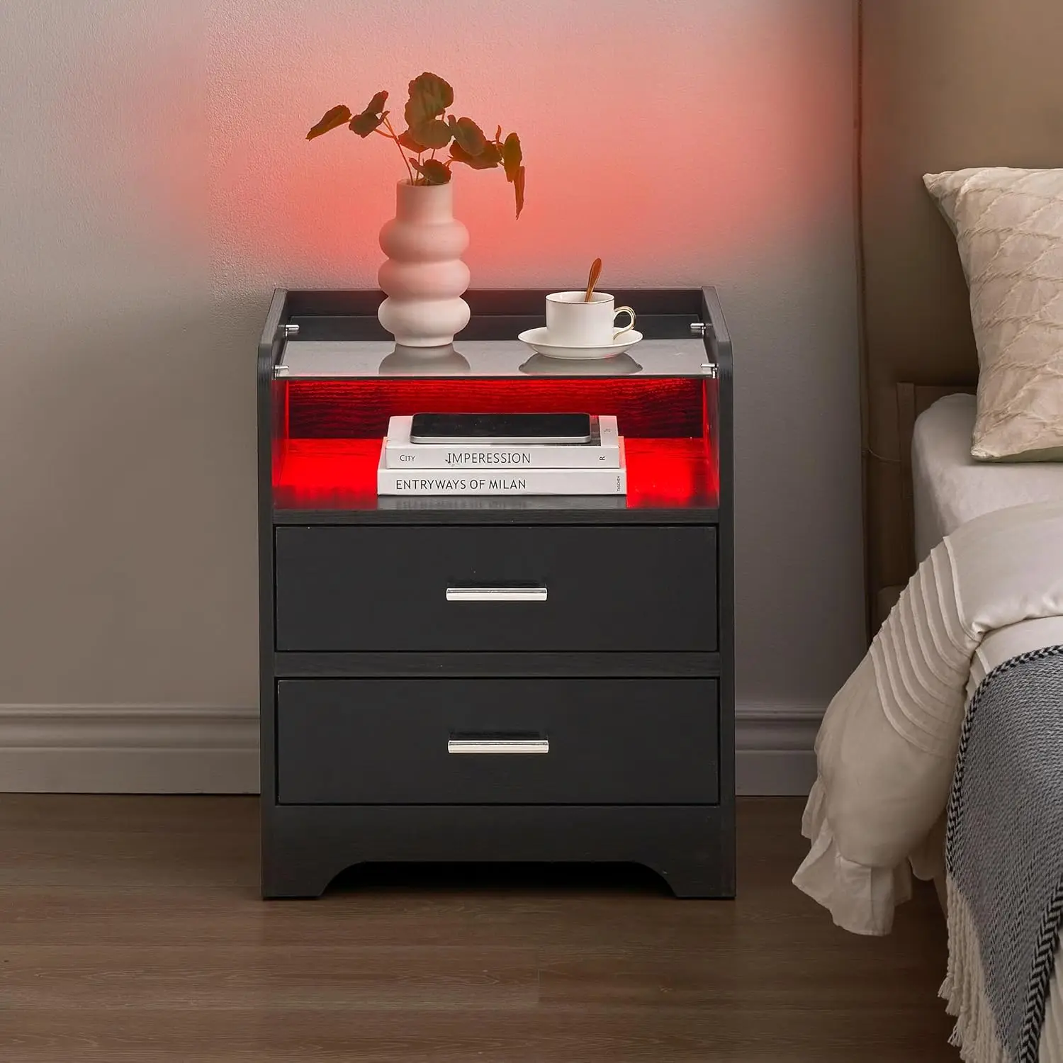 Idealhouse Led Night Stand With 2 Drawers, Smart End Side Table With Led Lights And Glass Top, Modern Bedside Table With Open