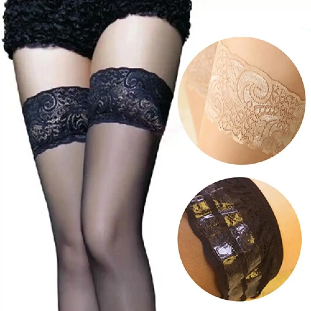 Heiße Damen Sexy Strümpfe mit Spitzenabschluss Silikonband Rutschfest Overknee Nachtclub Erotische Geschenkidee Hohe Lange Socken – Detail 3