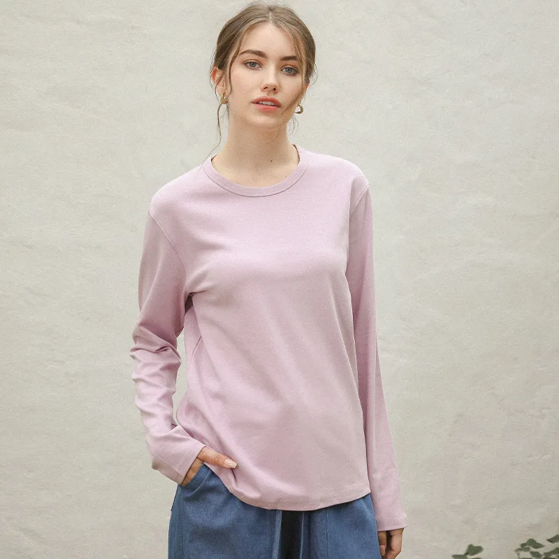 

Casual 100% Cotton Base Shirt Long Sleeve Round Neck Soild Black Pullover Women T-shirt Streetwear Lady Pullover Harajuku Tops