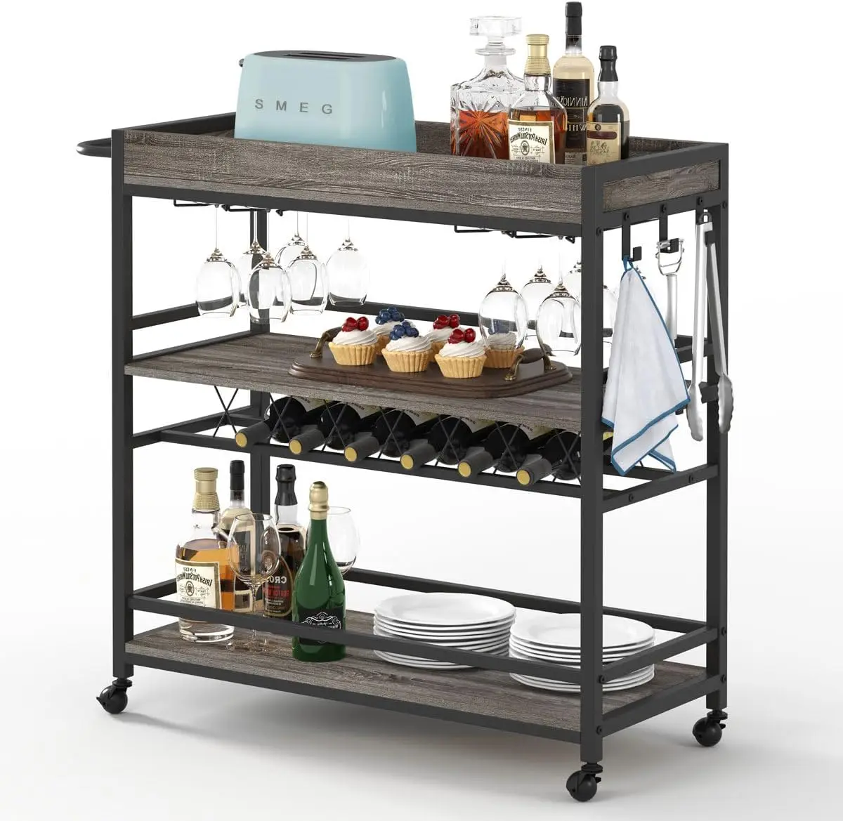 

BON AUGURE Bar Cart, Home Bar Serving Cart on Wheels, Mobile 3 Tier Liquor Beverage Cart with Wine Rack and Glass Holder, Grey O