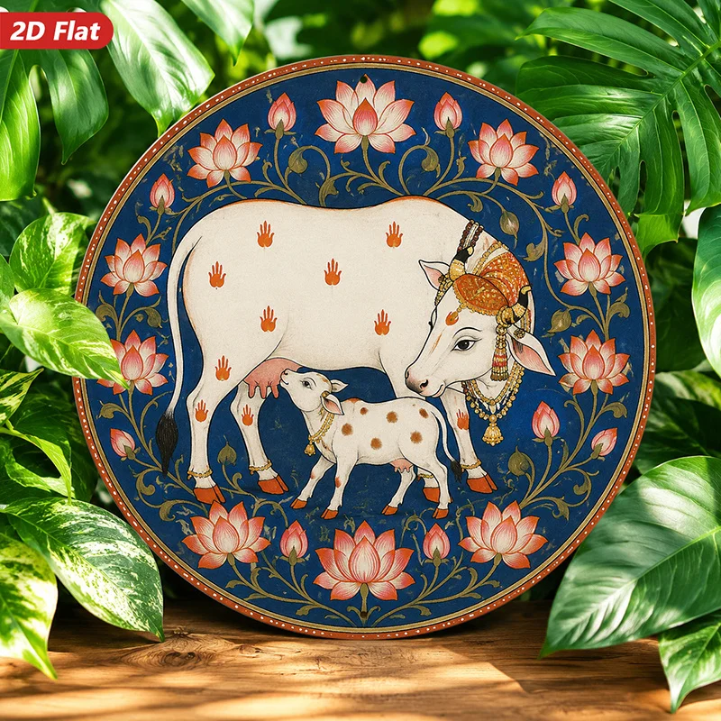2D Flaches Rundes Indisches Heiliges Kuh-Lotus Vintage Metallschild Traditionelle Volkskunst Wandplakette für Heim Tempel Innendekoration