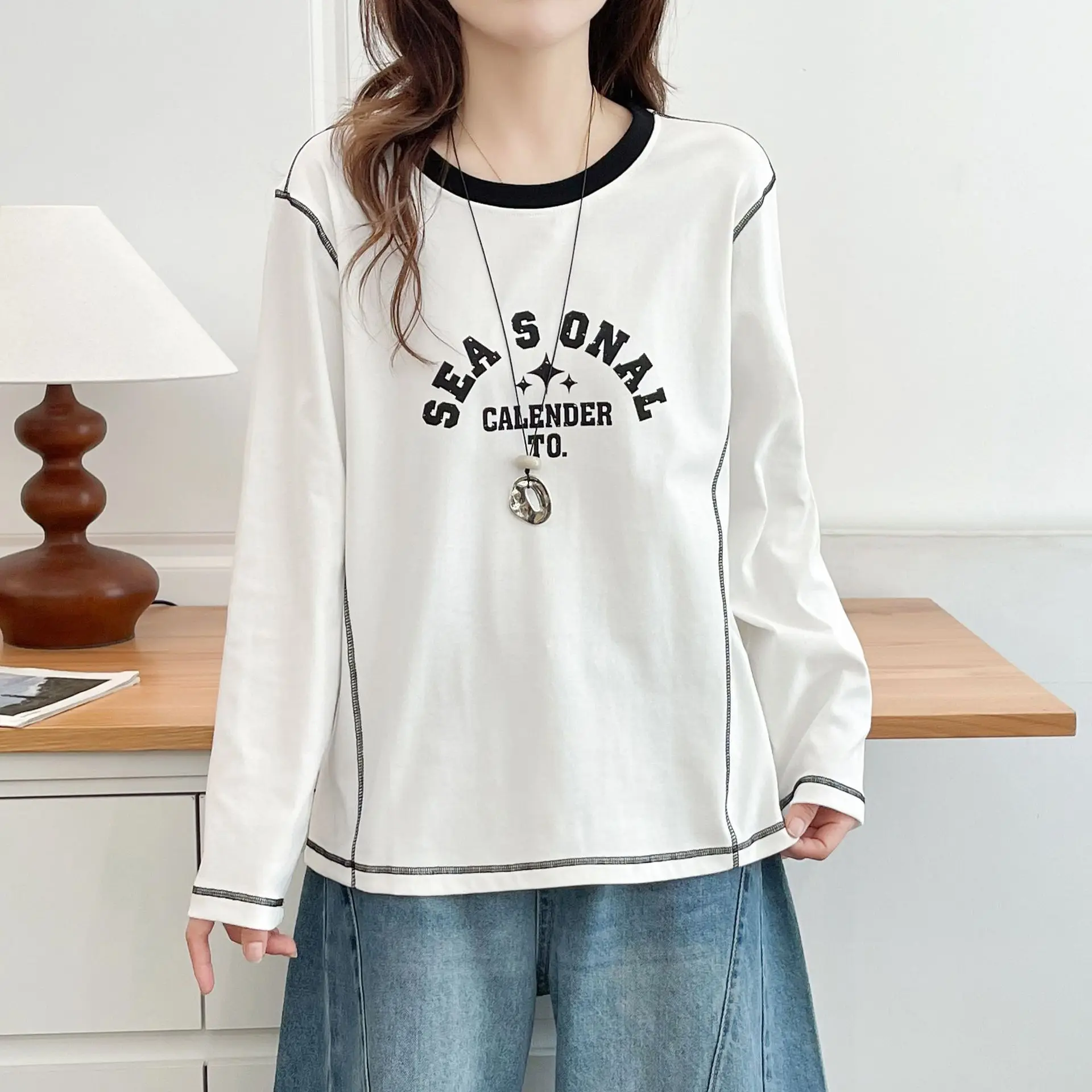

Fashion Plus Size Women's T-Shirt Autumn New Style Long Sleeve Top With Bright Line Printed Letters Youthful Student Tees 7032