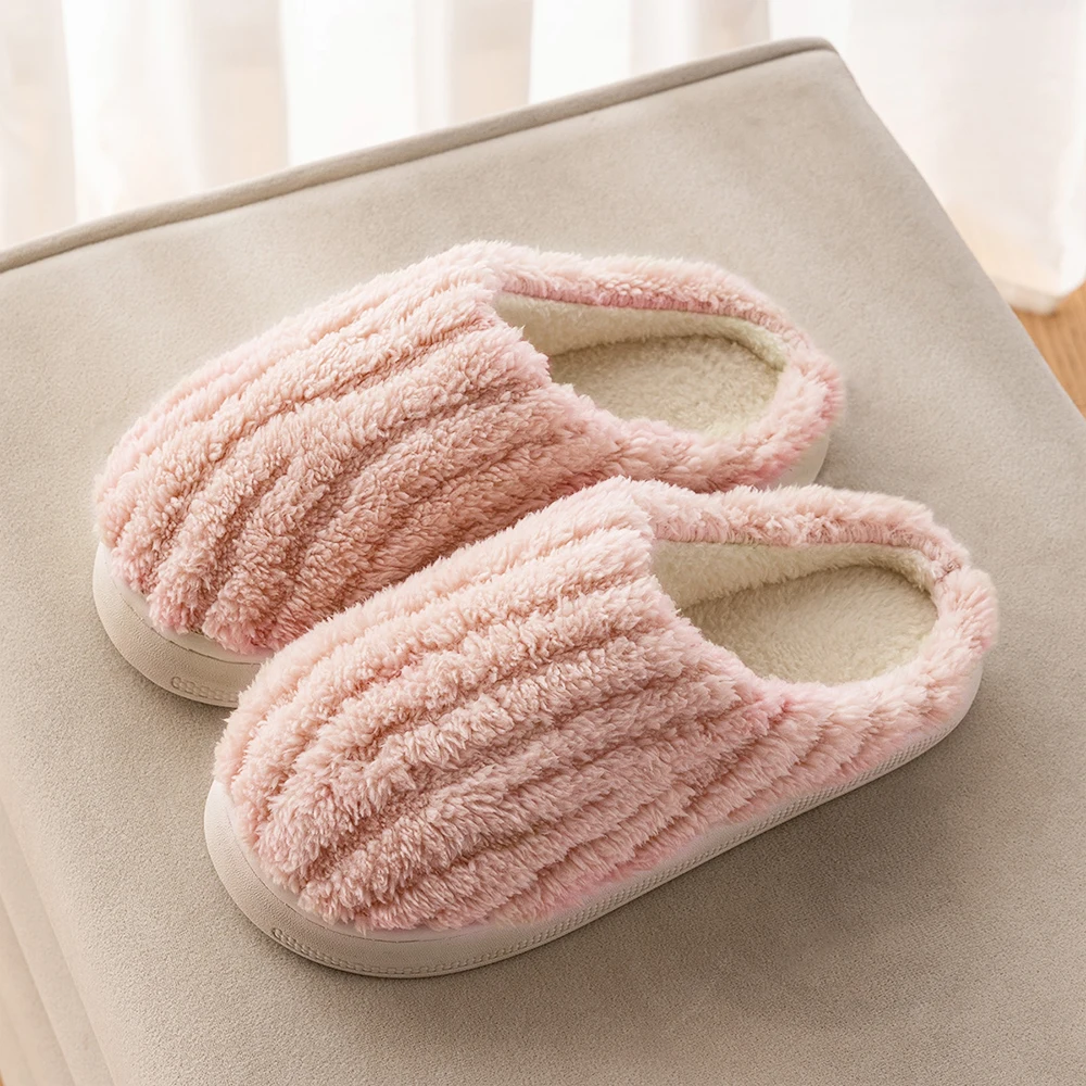 

Winter Plush Slippers for Women Men Thick Sole Couple House Shoes Cozy Non-Slip Indoor Slides Faux Fur Lining Cotton Slippers