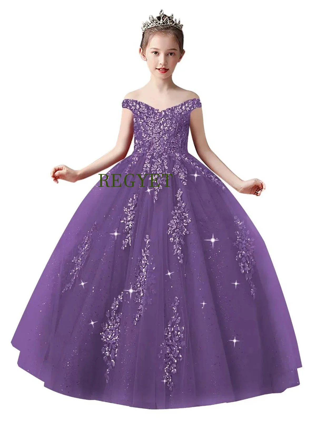 Off Shoulder Flower Girl Dresses For Weddings Lace Applique Princess Pageant Dress Ball Gown Toddler Kids Birthday Party Gowns