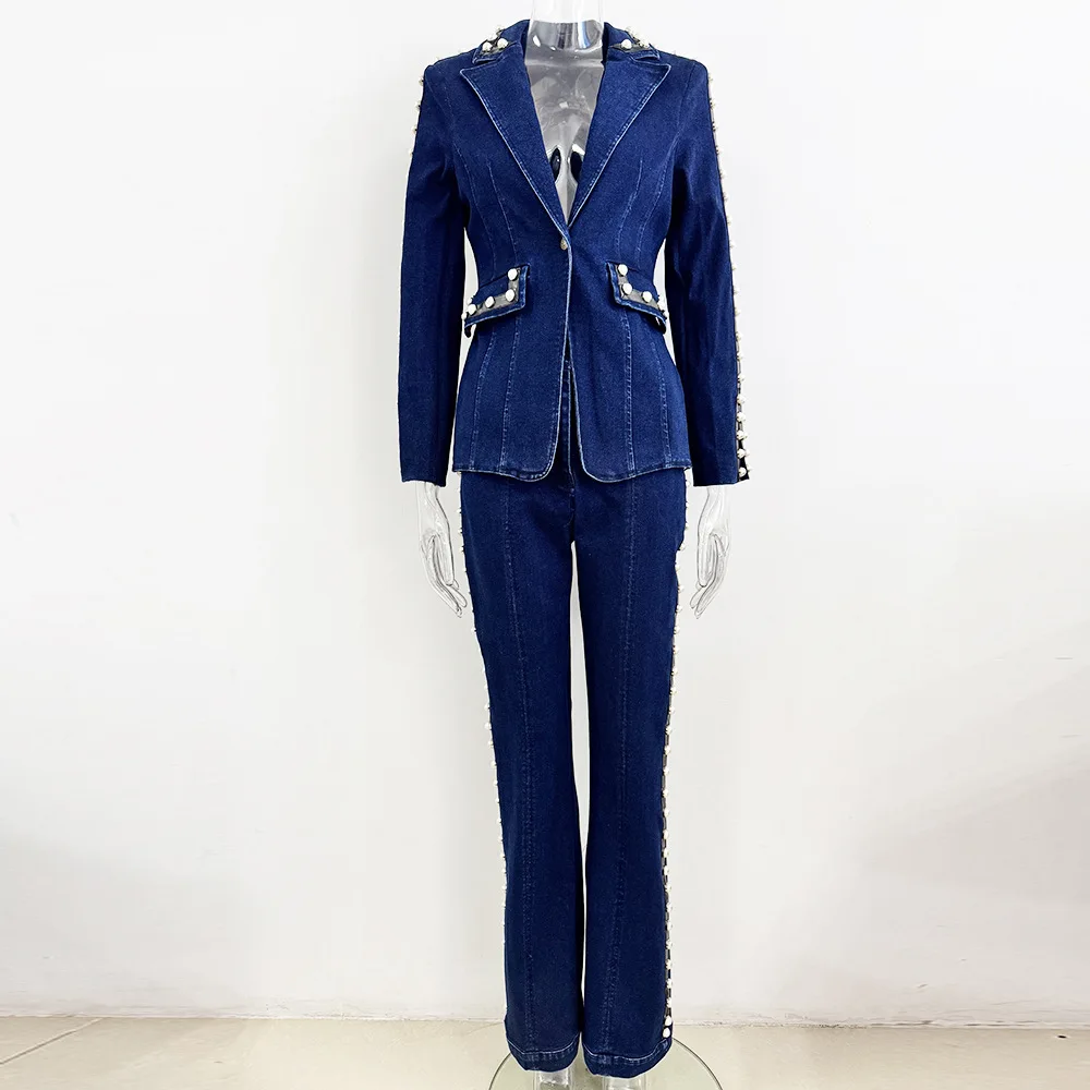 HIGH QUALITY Newest 2026 Runway Designer Suit Set Women's Beaded Denim Jacket Jeans Set 2PCS view 3
