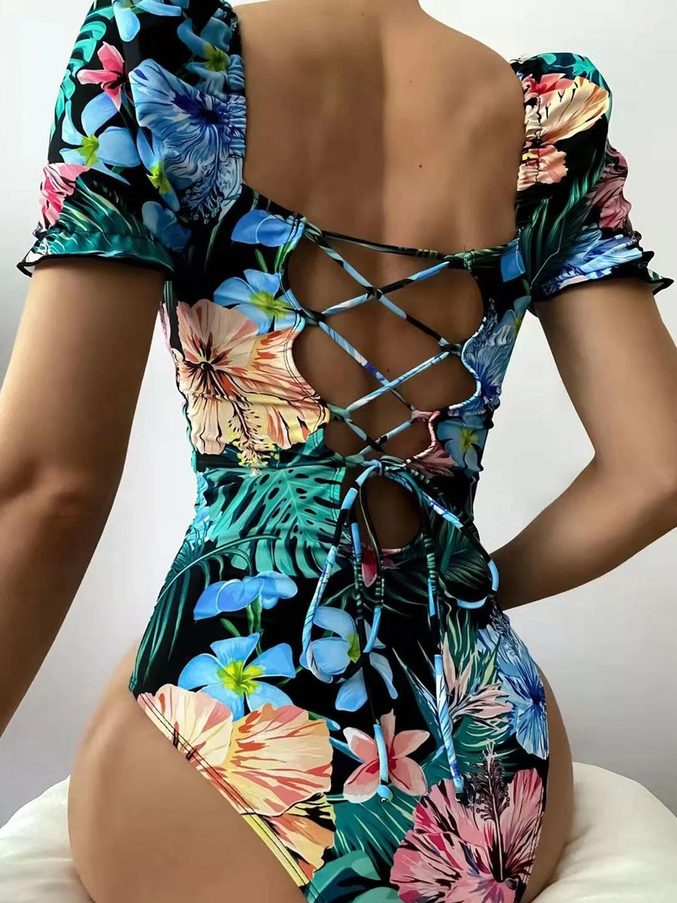 2025 New Short Sleeve Print One Piece Swimsuit For Women Backless Bandage Swimwear Female Bodysuit Bathing Suit Summer Beachwear