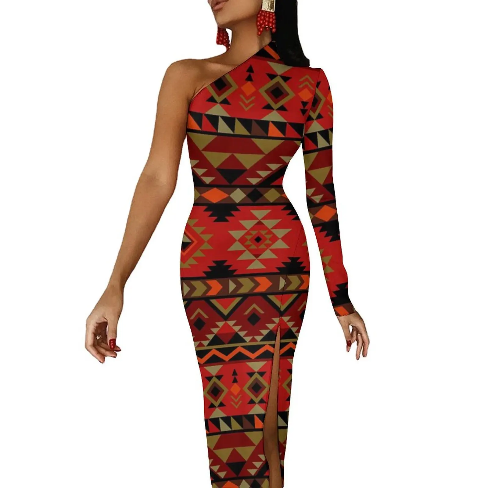 

Vintage Ethnic Maxi Dress Long Sleeve Red Aztec Print Vintage Bodycon Dress Autumn Aesthetic Long Dresses Women Printed Vestidos