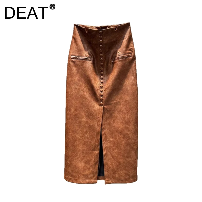 DEAT Women Pu Leather Skirt Slim Straight Split Single Breasted High Waist Wrap Hips Long Skirts Spring 2025 New Fashion 29L9440